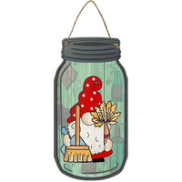 Gnome With Broom and Duster Novelty Metal Mason Jar Sign